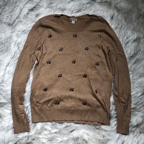 Merona Target Tan Brown Long Sleeve Knit Crew Neck Sweater Rhinestone Accent - Picture 2 of 6